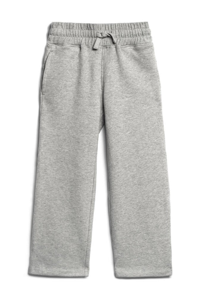 A pair of kids' heather gray sweatpants with an elastic waistband and drawstring, shown flat on a white background. 