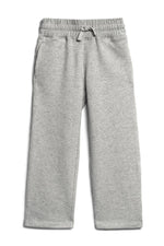 A pair of kids' heather gray sweatpants with an elastic waistband and drawstring, shown flat on a white background. 