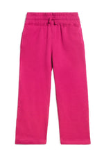 Bright pink fleece pants with an elastic waistband and drawstring, shown flat on a white background. 
