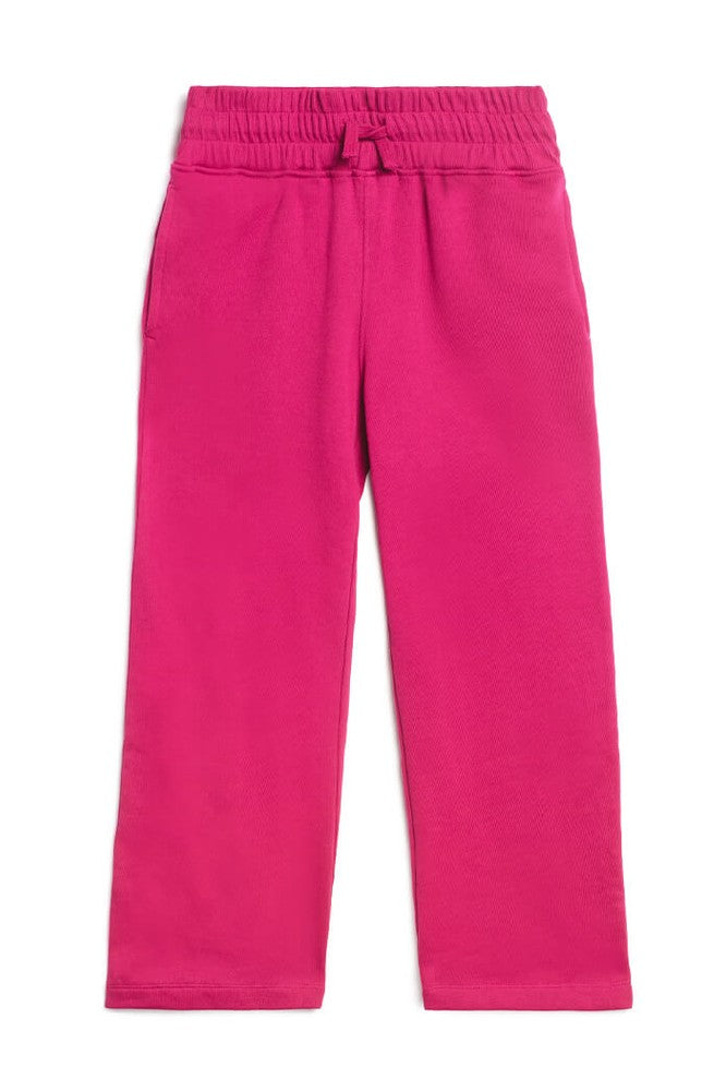 Bright pink fleece pants with an elastic waistband and drawstring, shown flat on a white background. 