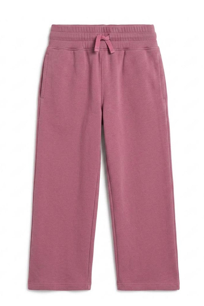 A pair of dusty rose pink sweatpants with an elastic waistband and matching drawstring, shown flat on a white background. 