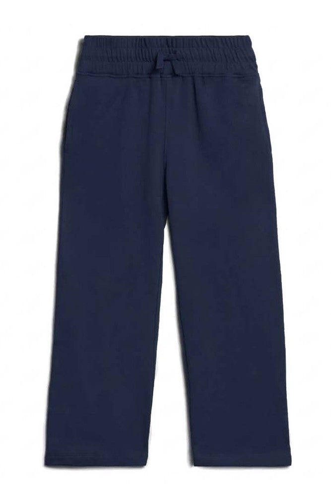 A pair of navy blue wide-leg sweatpants with an elastic waistband and drawstring, shown flat against a white background. 