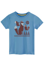 Blue t-shirt with fox graphic on a white background 