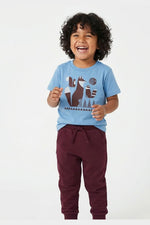 Young child with black hair wearing a Mightly 100% organic cotton graphic tee with a colorful fox print and burgundy sweatpants. 