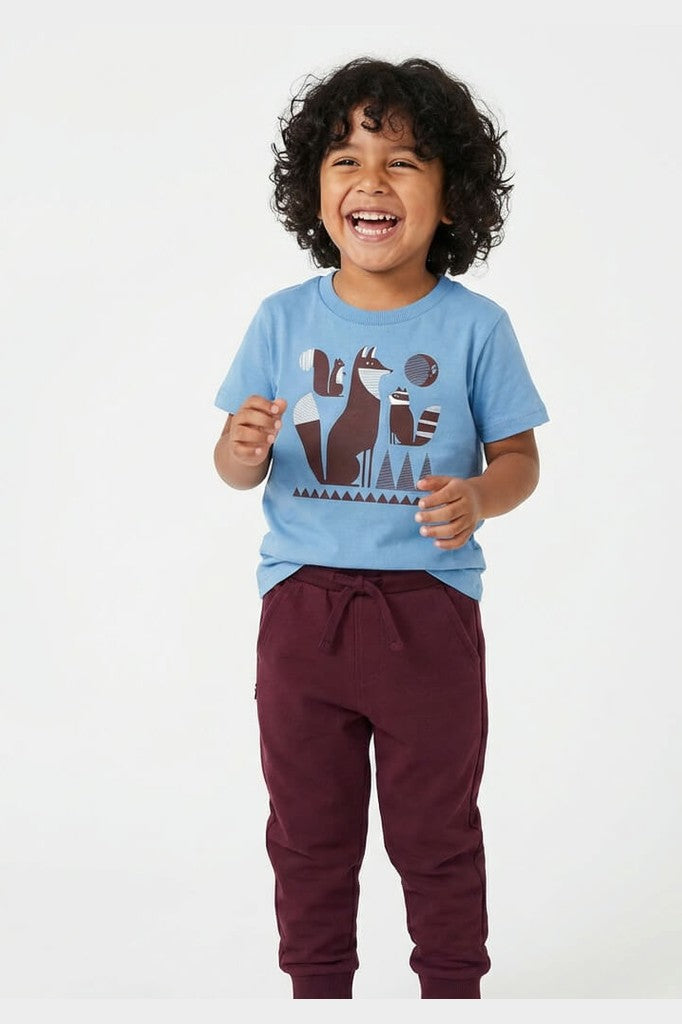 Young child with black hair wearing a Mightly 100% organic cotton graphic tee with a colorful fox print and burgundy sweatpants. 