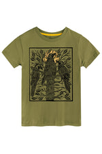 Olive green t-shirt with black bird design on a white background 