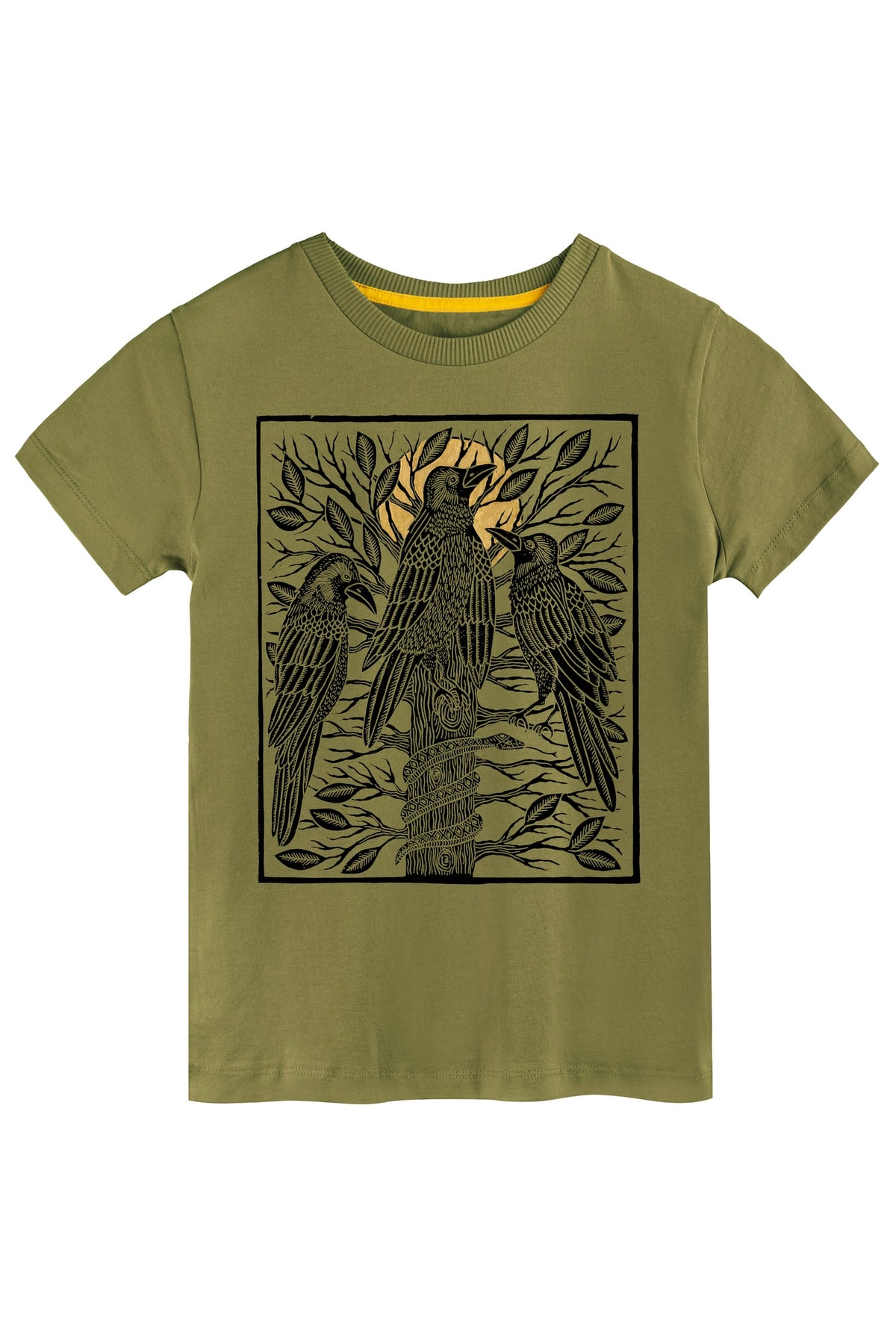 Olive green t-shirt with black bird design on a white background 