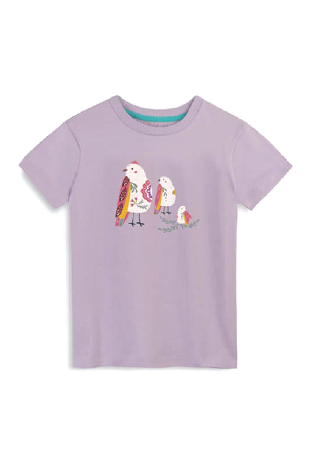 Lilac tee shirt with a colorful bird graphic on a white background 
