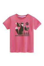 Pink tee  shirt with a fox graphic print on a white background. 