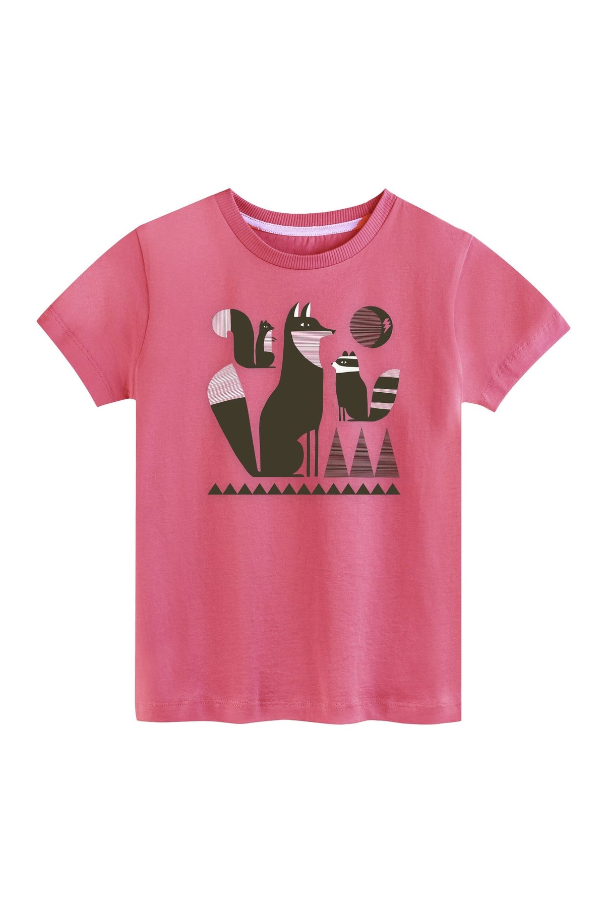 Pink tee  shirt with a fox graphic print on a white background. 