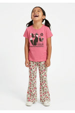 Young girl wearing a Mightly 100% organic cotton graphic tee with a graphic fox print and floral print pants. 