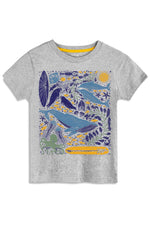 Gray t-shirt with colorful whale graphic design on a white background 