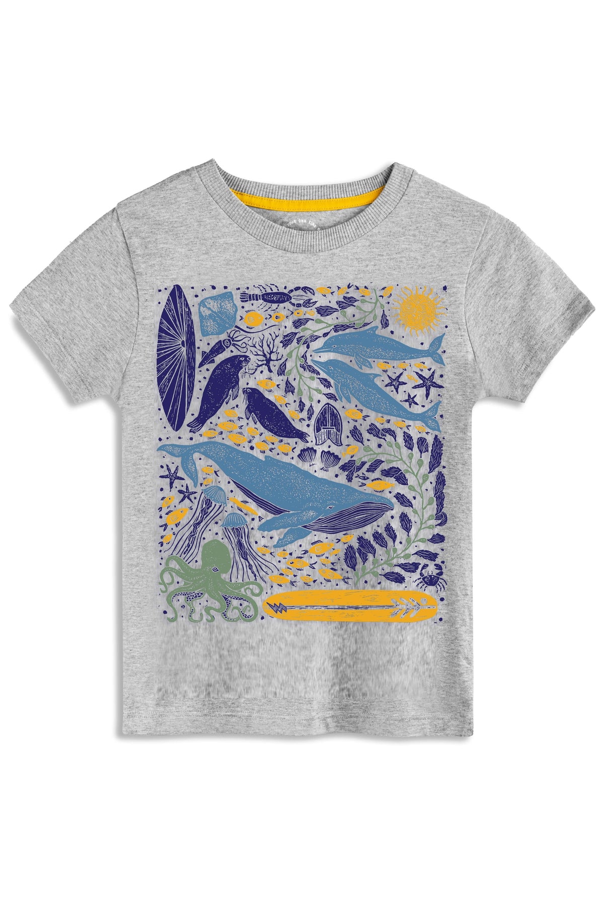 Gray t-shirt with colorful whale graphic design on a white background #ocean-commotion