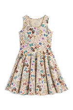 A sleeveless, above-the-knee twirl dress with a floral pattern