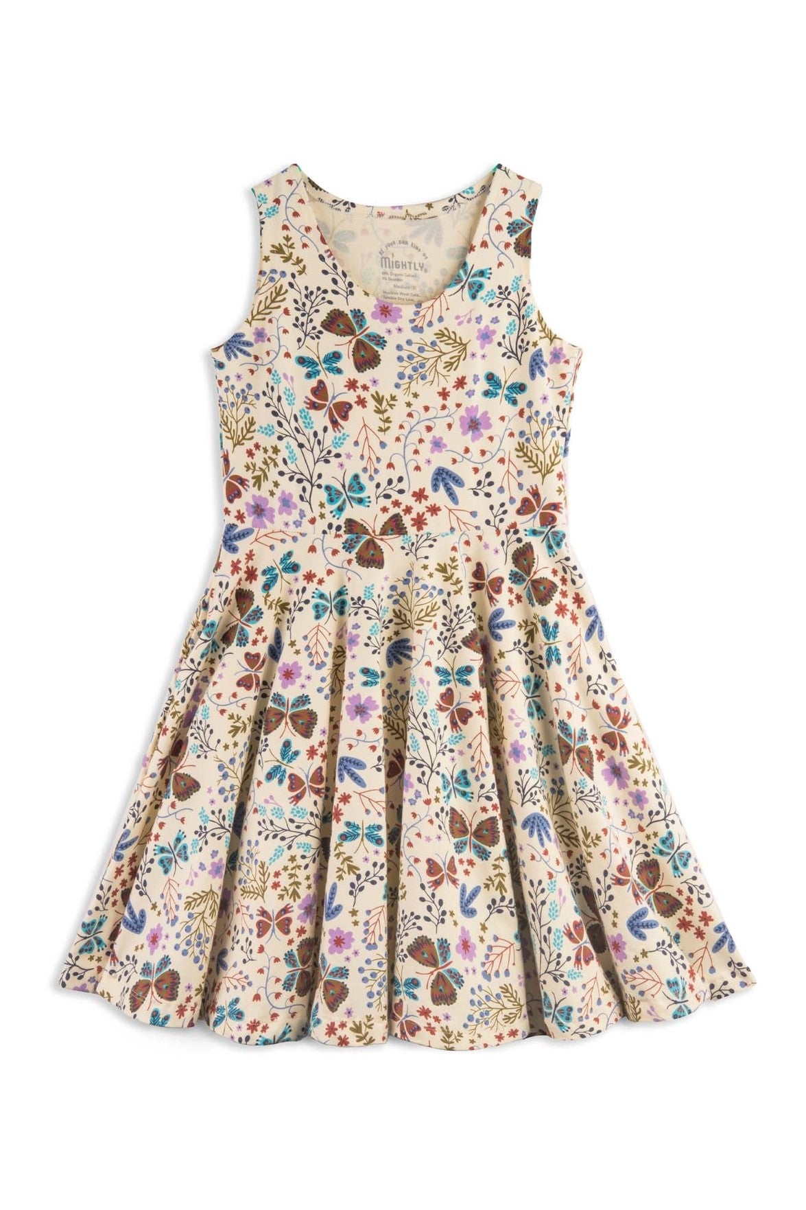 A sleeveless, above-the-knee twirl dress with a floral pattern