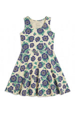 Floral dress with purple flowers on a white background