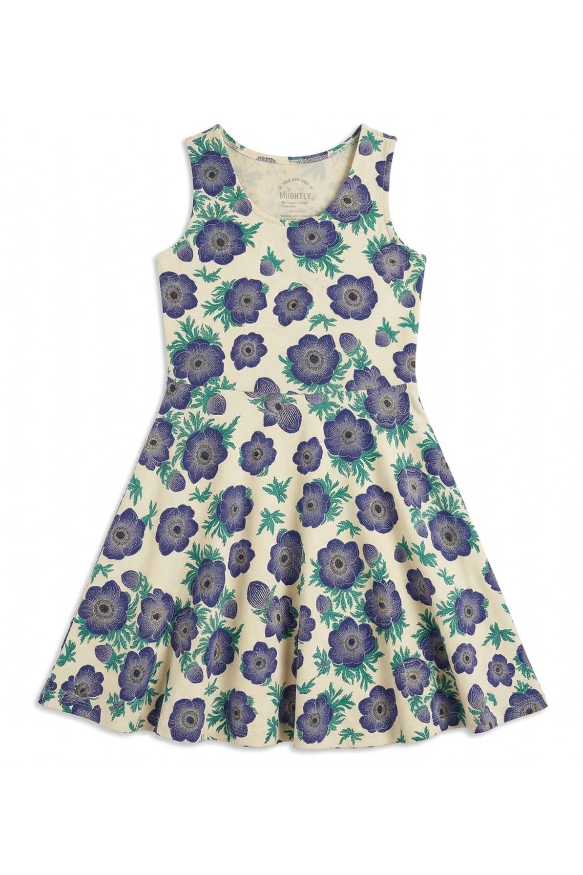 Floral dress with purple flowers on a white background