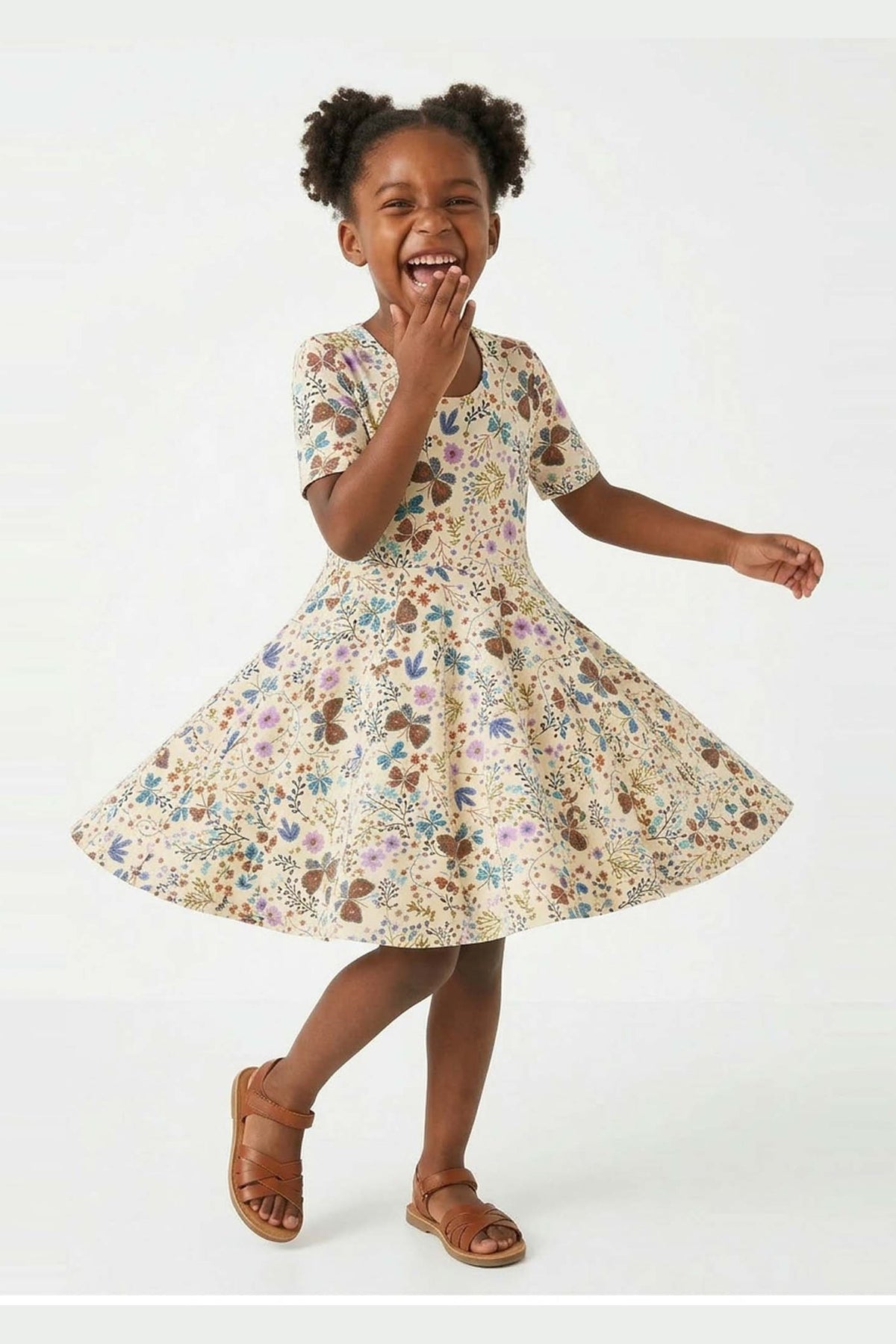 Girls Organic Cotton Short Sleeve Twirl Dress: Botanical Floral