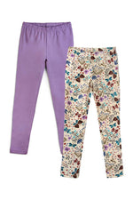 Two pairs of children's leggings laid flat on a white background: one solid light purple pair and one cream pair with a dense multicolor floral and butterfly print.