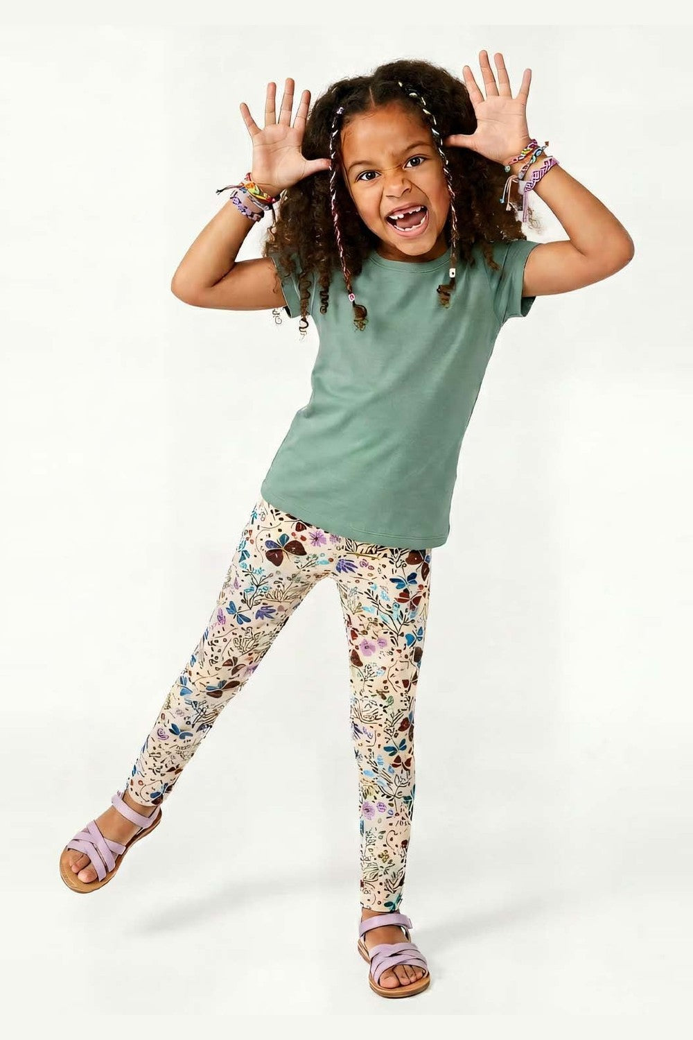 Girls Organic Cotton Reinforced Knee Leggings 2-Pack: Botanical Floral and Lilac