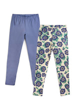 two girls leggings on a white background. One is a purple floral print and one is solid purple