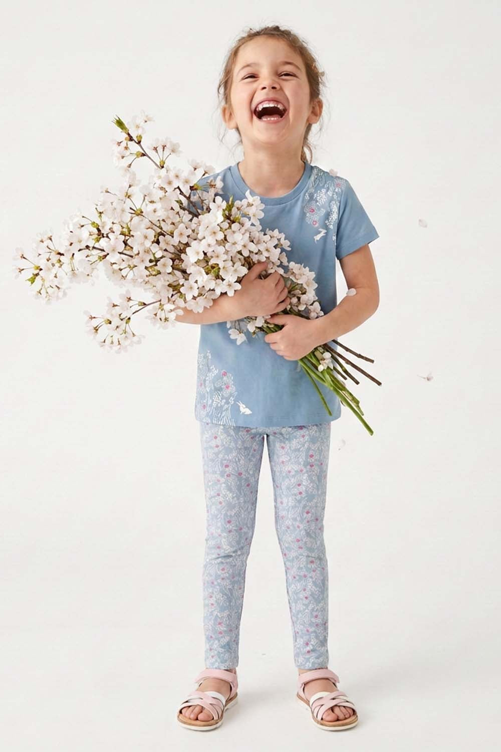Girls Organic Cotton Reinforced Knee Leggings 2-Pack: Cherry Blossom and Chambray