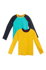 Two long-sleeve shirts, one yellow and one teal with navy blue sleeves on a white background