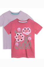 Two children's t-shirts, one pink with floral design and one purple, on a white background.