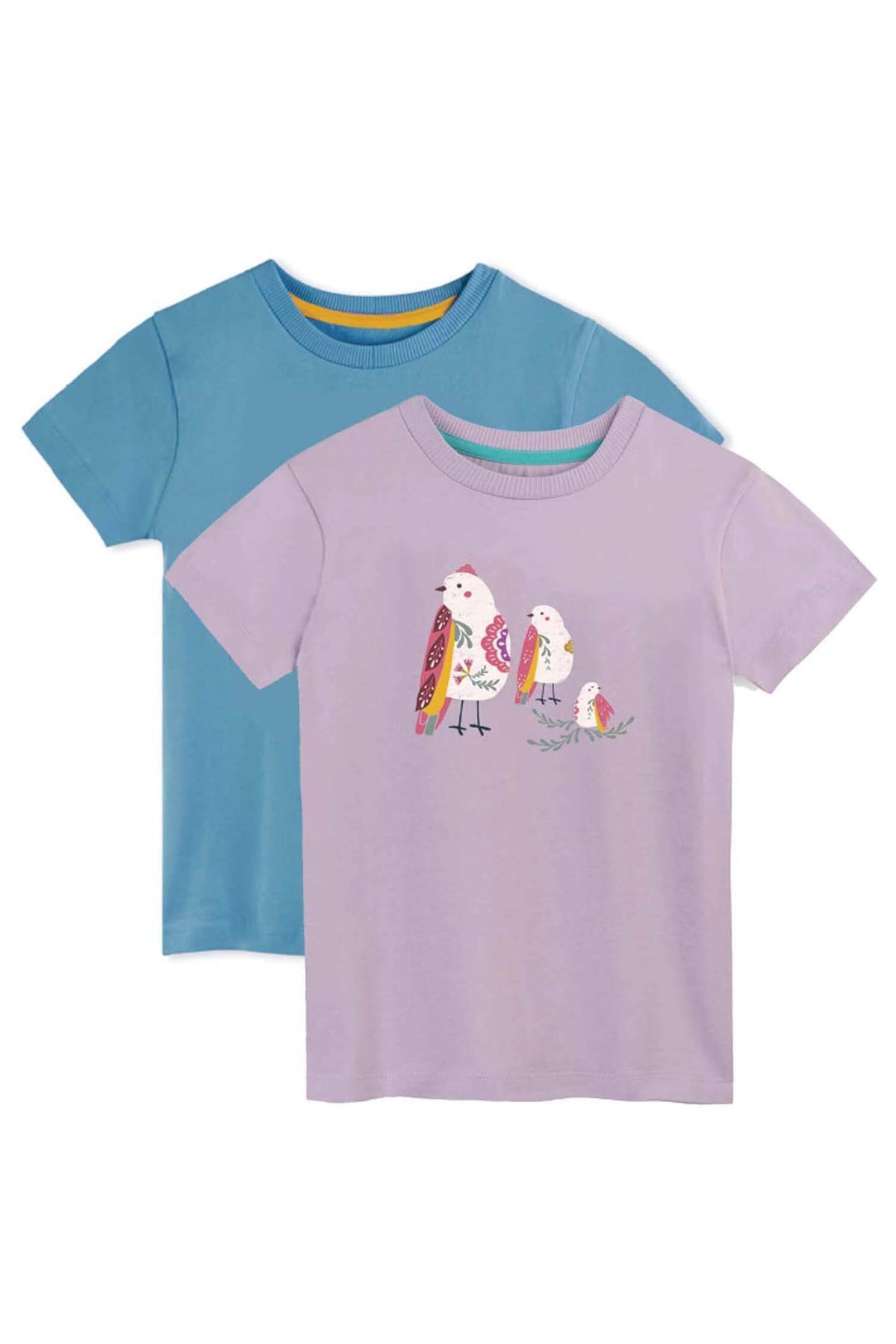 Two children's t-shirts, one blue and one purple with a bird design, on a white background.