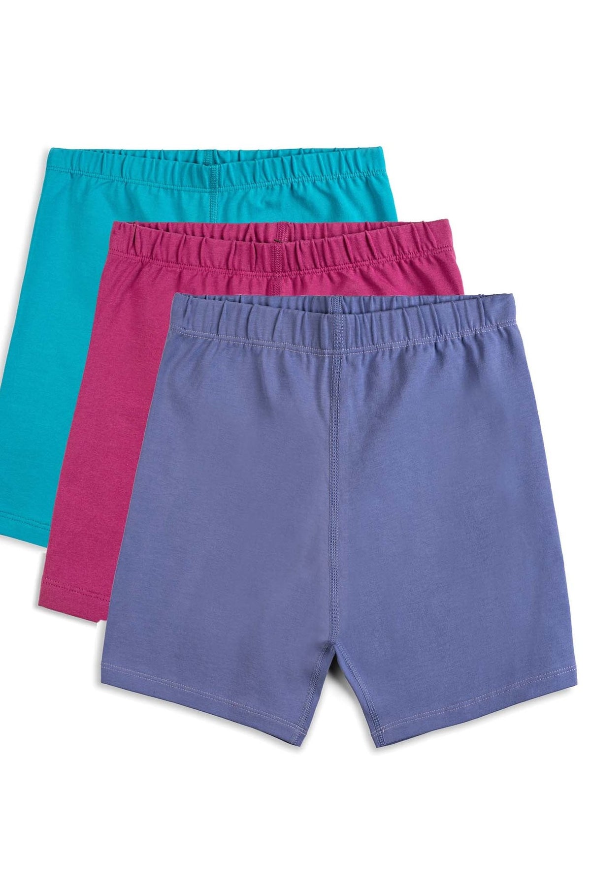 Three pairs of girls' biker shorts in pink, turquoise, and purple color, stacked together on a white background.