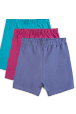 Three pairs of girls' biker shorts in pink, turquoise, and purple color, stacked together on a white background.