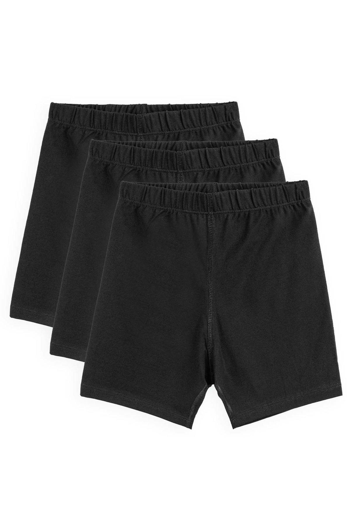 Three pairs of black girls' biker shorts tacked together on a white background.