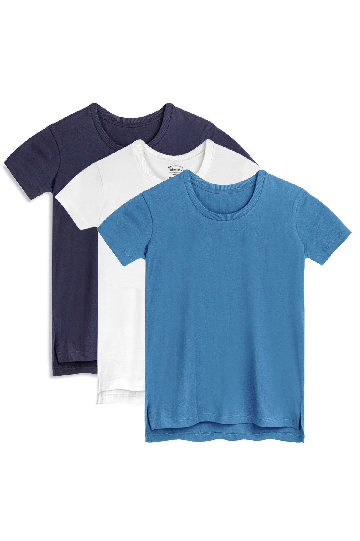Three t-shirts in navy, white, and blue on a white background 