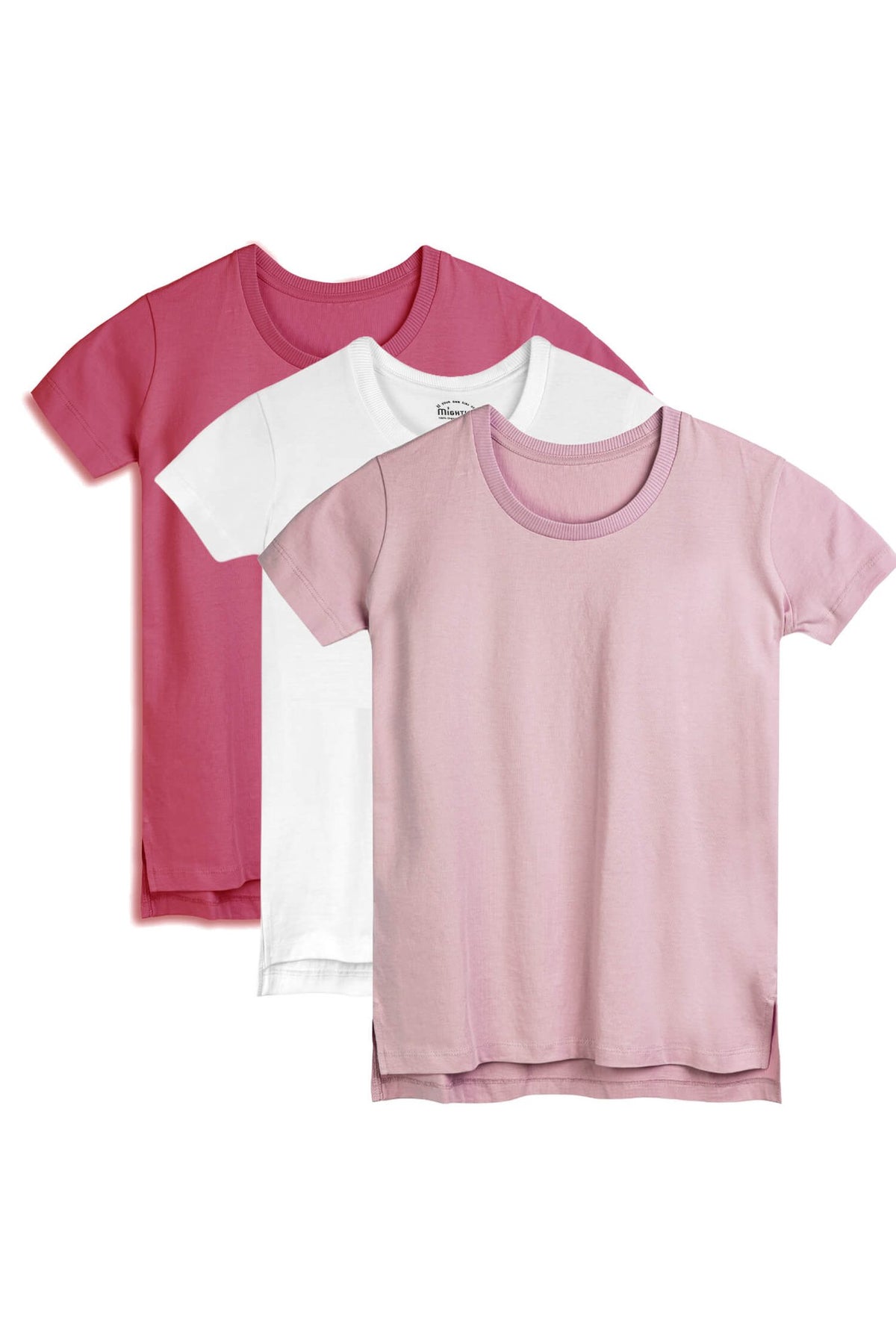 Three t-shirts in pink, white, and light pink on a white background 