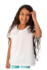 Young girl wearing a white t-shirt and light blue pants on a white background 