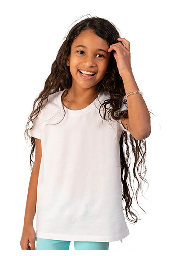 Young girl wearing a white t-shirt and light blue pants on a white background 