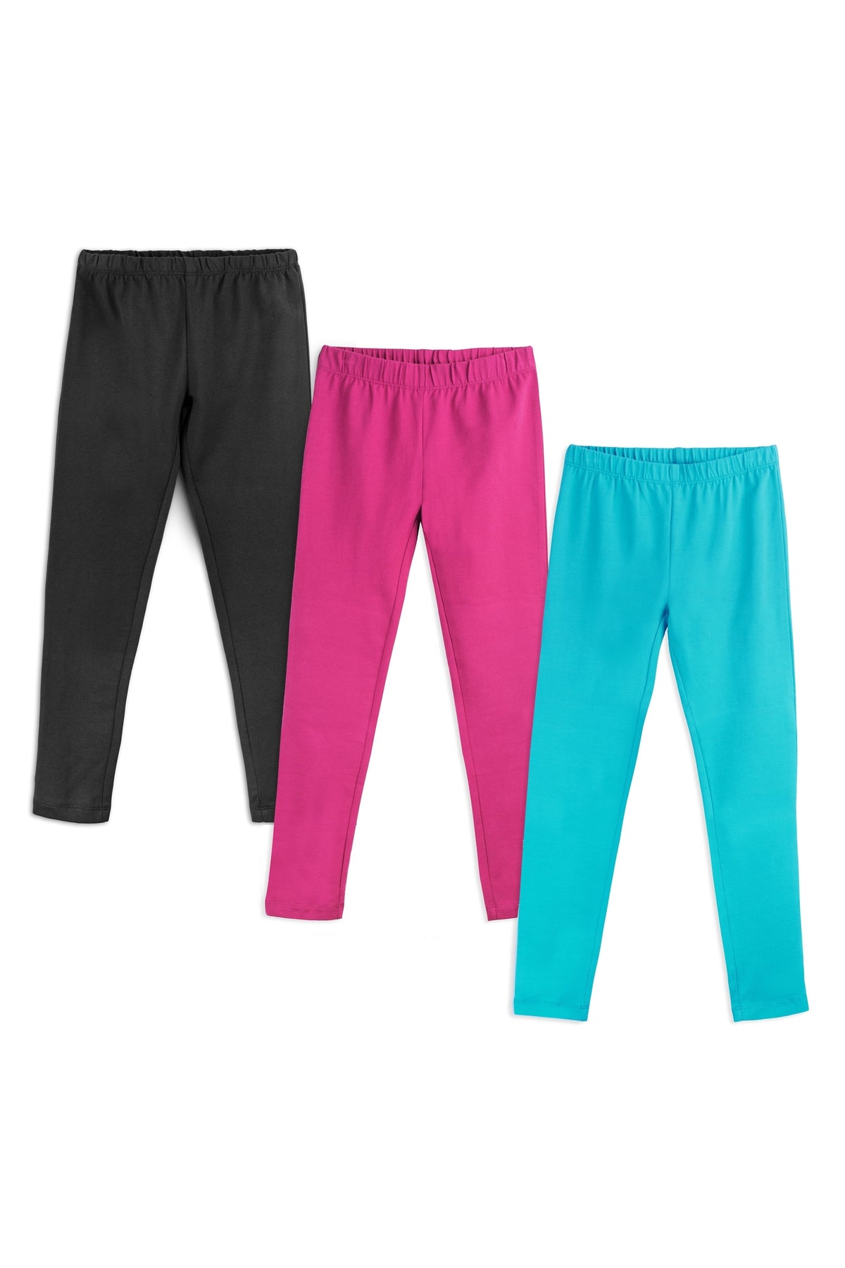Three pairs of kids' organic cotton leggings in a 3-pack, one is black, one is pink and one is turquoise, stacked on a white background