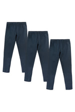 Three navy-colored kids' organic cotton leggings laid out on a white background.