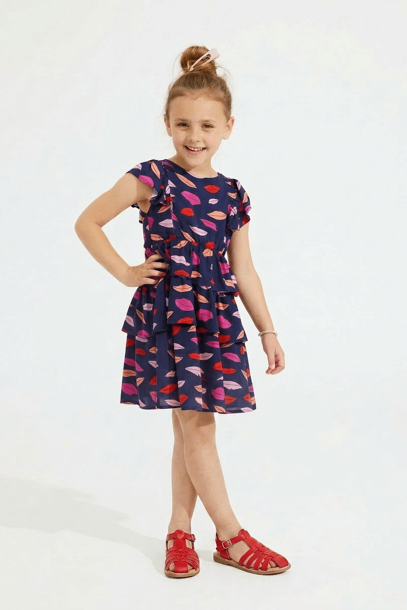 Young girl wearing a colorful dress with a white background