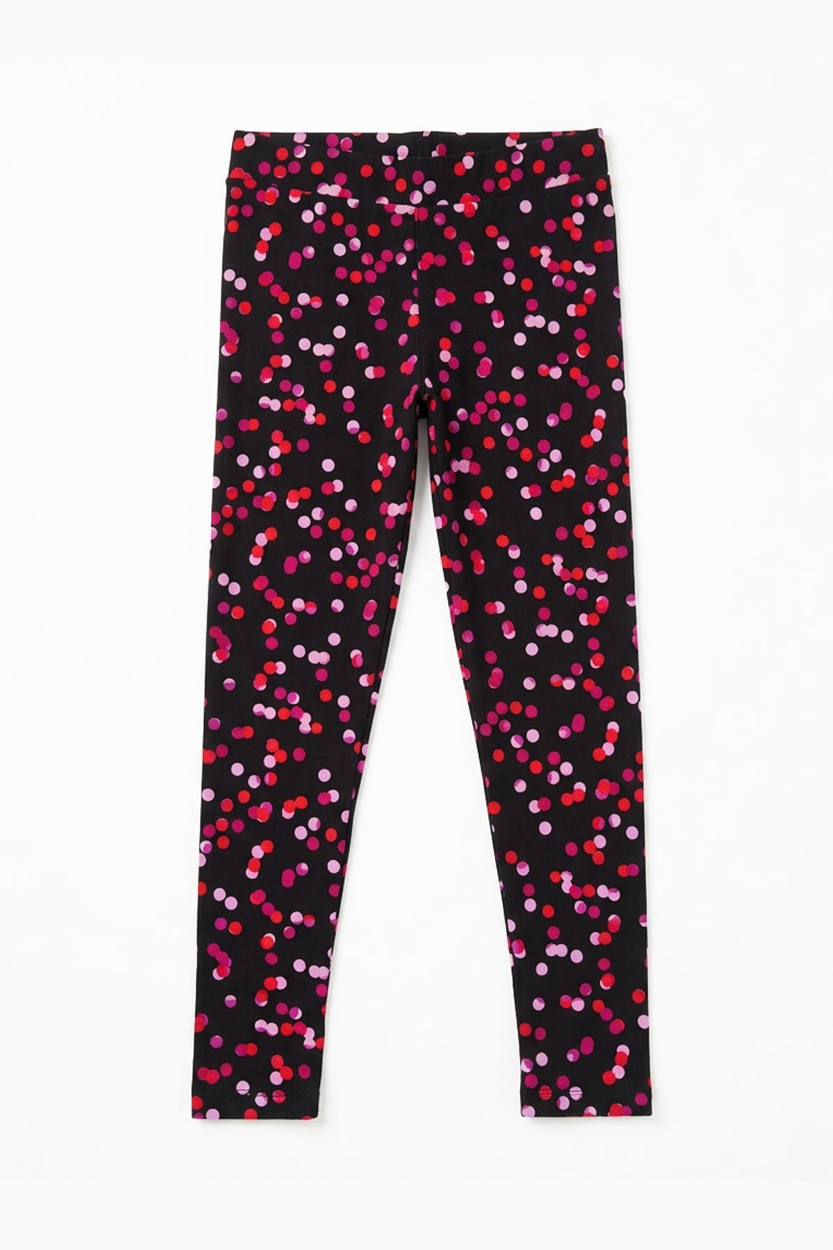 Black leggings with pink and red dot pattern on a white background