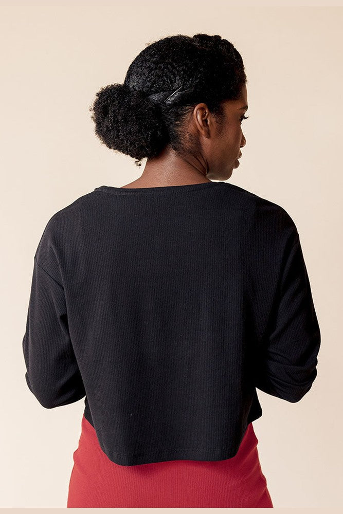 Organic Cotton Long Sleeve Rib Knit Crop Top in Black - FINAL SALE