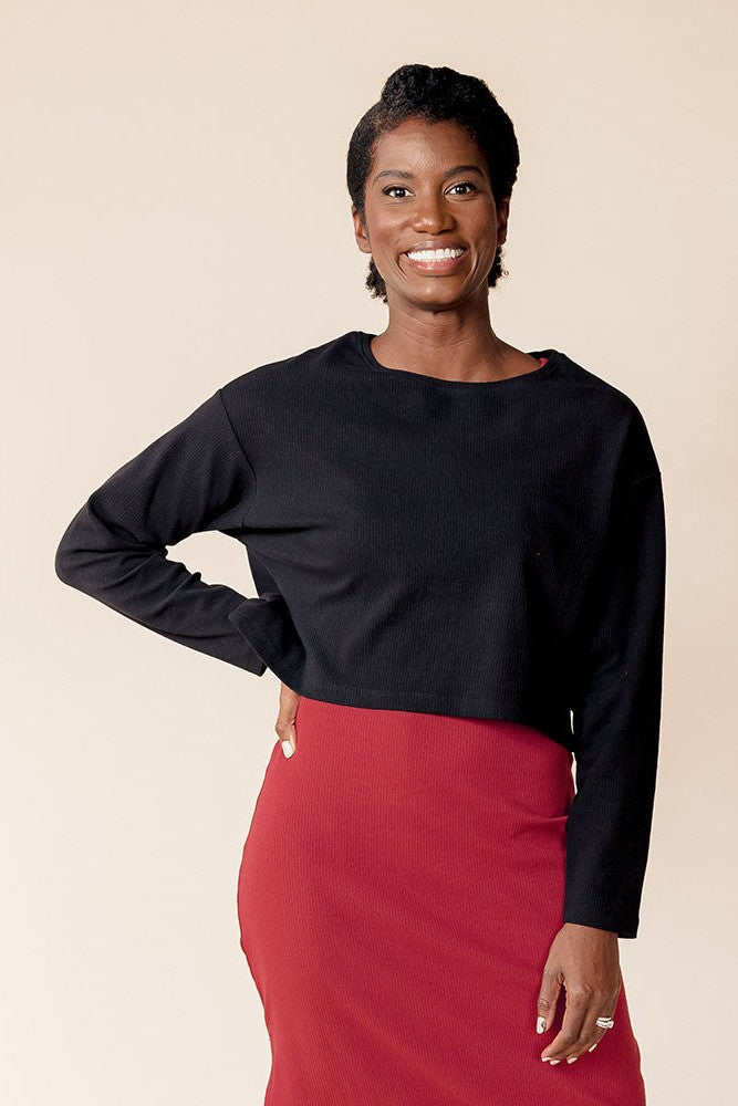 Organic Cotton Long Sleeve Rib Knit Crop Top in Black - FINAL SALE