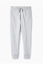 Light heather gray jogger pants with a subtle speckled texture, featuring an elastic waistband with a drawstring, side welt pockets, and ribbed ankle cuffs, shown flat on a white background.