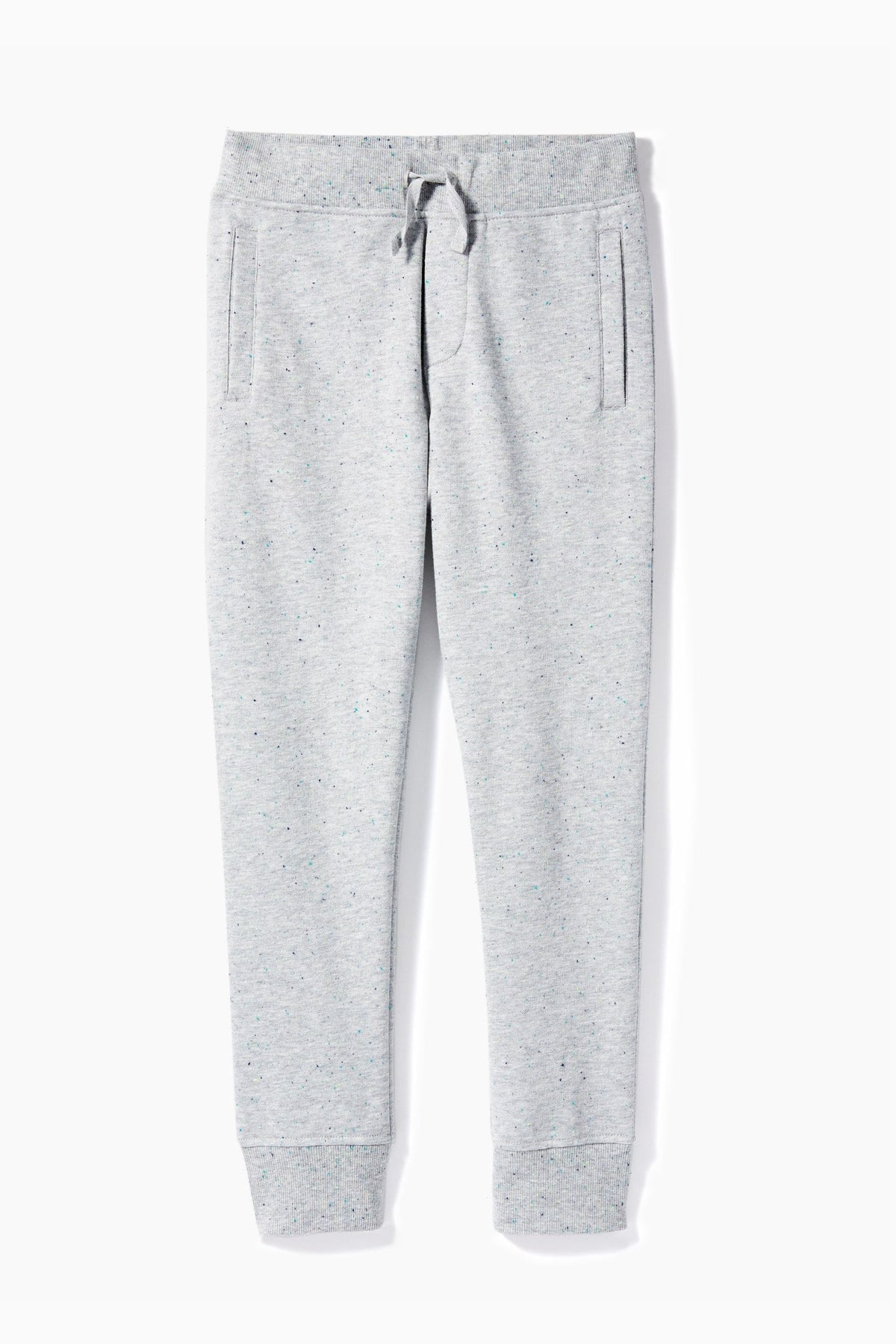 Light heather gray jogger pants with a subtle speckled texture, featuring an elastic waistband with a drawstring, side welt pockets, and ribbed ankle cuffs, shown flat on a white background.