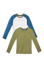 Two long-sleeve kids' shirts, one olive green with a pocket and one white with blue sleeves