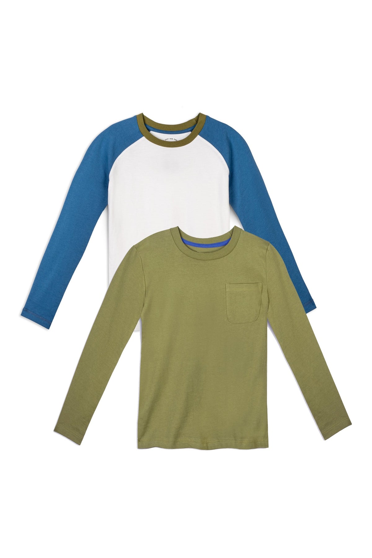 Two long-sleeve kids' shirts, one olive green with a pocket and one white with blue sleeves
