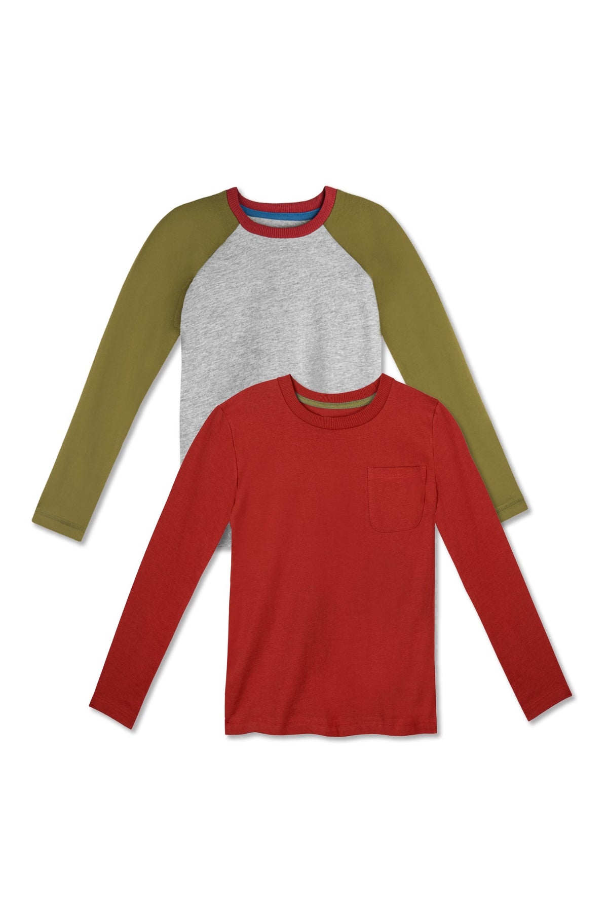 Two long-sleeve kids' shirts, one red with a pocket and one green with gray sleeves, laid flat.