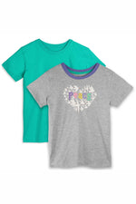 Two girls tee shirts. One teal one gray with a peace graphic print