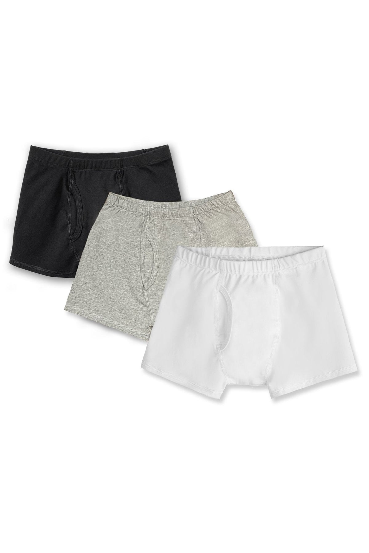 three boys boxer briefs on a white back ground. one is black, one is gray and one is white