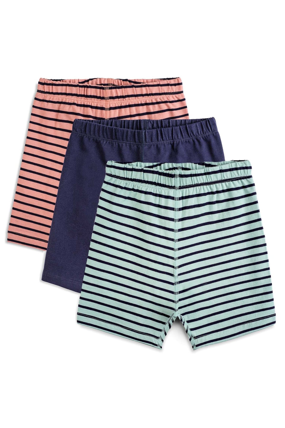 Three pairs of girls' biker shorts in pink stripe, navy blue and blue stripe stacked together on a white background.